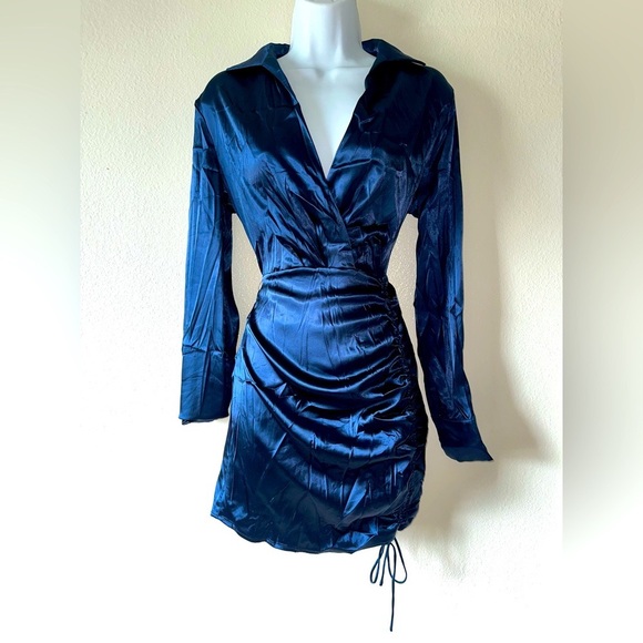 Cider Navy Satin Collared Ruched Wrap Mini Dress - Picture 1 of 5